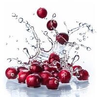 Fresco rojo cerezas con agua salpicaduras en un blanco fondo, representando sano comiendo y verano frescura, ideal para comida relacionado contenido y publicidad foto