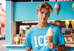 Young Caucasian male holding a vanilla ice cream cone at a colorful ice cream stand, embodying summer treats and National Ice Cream Month photo