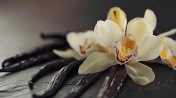 esencia de elegancia vainilla orquídeas y frijoles concepto vainilla orquideas, vainilla frijoles, elegancia, aromático flora foto