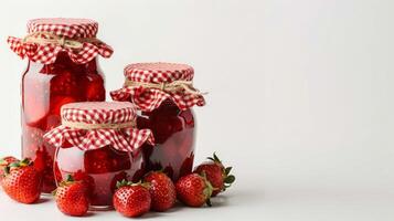 stack of homemade strawberry jam jars, gingham lids, isolated on a white background photo