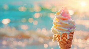 ice cream cone melting under the hot summer sun vivid colors and a blurred beach background photo