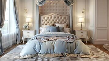 Elegant luxury bedroom interior with tufted headboard and classic decor, ideal for home design concepts and hospitality themed projects photo