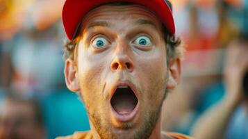 Caucasian male fan in orange cap expressing shock and excitement at a sports event, concept related to surprising results, major league baseball, and fan culture photo