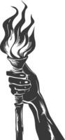 Silhouette hand holding burning torch black color only vector