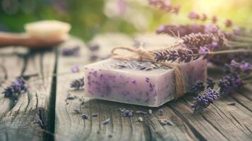 handcrafted lavender soap displayed on rustic wooden table, early morning market light photo