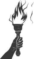 Silhouette hand holding burning torch black color only vector