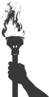 Silhouette hand holding burning torch black color only vector