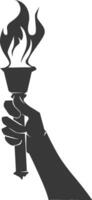 Silhouette hand holding burning torch black color only vector