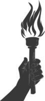 Silhouette hand holding burning torch black color only vector