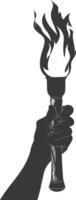 Silhouette hand holding burning torch black color only vector
