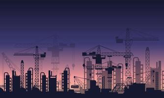 Sunset view and tower crane silhouette on construction site vector