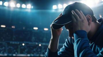 trastornado Deportes ventilador en un gorra participación su cabeza en decepción a un Noche estadio evento, representando conceptos de pérdida y Deportes cultura foto