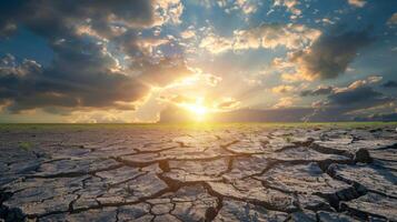 agrietado tierra en un estéril campo debajo un abrasador sol, sequía concepto foto