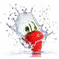Fresh ripe strawberry splashing into water with droplets flying around, isolated on a white background, perfect for food and beverage concepts photo