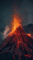 un misterioso representación de un volcánico erupción, con un sencillo en forma de cono montículo escupiendo rojo y naranja papel tiras en contra un oscuro fondo foto