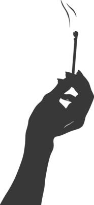 Silhouette hand holding burning match black color only
