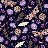 Seamless pattern with moth and garden flowers on dark background vector