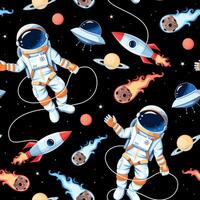 Seamless pattern with astronauts, rockets and asteroids vector