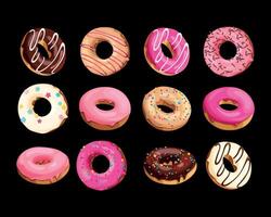 Set of high detailed tasty donuts with glaze and sprinkles vector