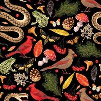 Seamless pattern with autumn forest flora and fauna vector