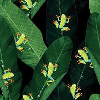 Seamless pattern with tropical frogs and palm leaves vector