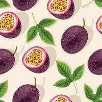 Seamless pattern with whole passion fruit, half and green leaves vector