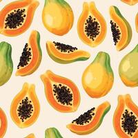 Seamless pattern with papaya whole and slice on white background vector