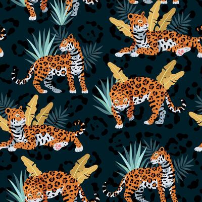Seamless pattern with cute jaguar and golden palm leaves on the black background