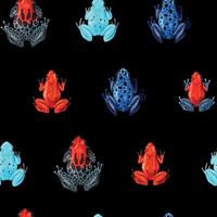 Seamless pattern with vivid tropical frogs on black background vector