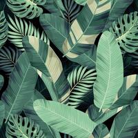 Seamless pattern with high detailed exotic palm leaves on black background vector