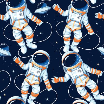Seamless pattern with astronauts, stars and ufo