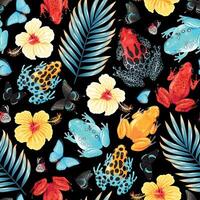 Seamless pattern with tropical flowers and frogs on black background vector