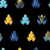 Seamless pattern with vivid tropical frogs on black background vector