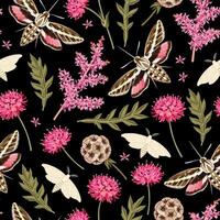 Seamless pattern with moth and garden flowers on black background vector