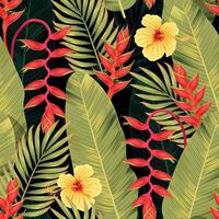 Seamless pattern with red and yellow tropical flowers and palm leaves vector