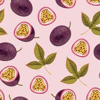 Seamless pattern with whole passion fruit, half and green leaves vector