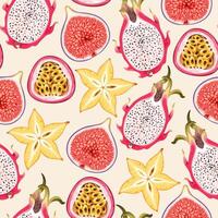 Seamless pattern with high detailed tropical fruits slices vector