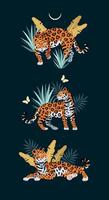 ilustración de linda jaguares, palma hojas y tropical mariposas vector