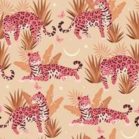 Seamless pattern with cute pink jaguar and golden palm leaves vector