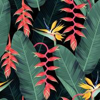 Seamless pattern with red and yellow tropical flowers and palm leaves vector