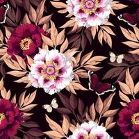 Seamless pattern with high detailed tree peony with leaves vector