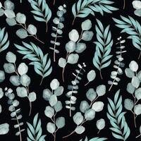Seamless pattern with branches of eucalyptus on black background vector