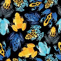 Seamless pattern with vivid tropical frogs on black background vector