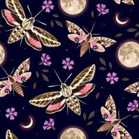 Seamless pattern with moth and garden flowers on black background vector