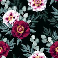 Seamless pattern with high detailed tree peony with leaves and eucalyptus vector