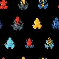 Seamless pattern with vivid tropical frogs on black background vector