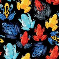 Seamless pattern with vivid tropical frogs on black background vector