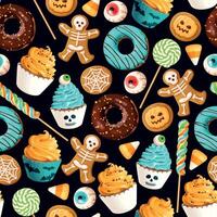 Seamless pattern with scary Halloween sweets on black background vector