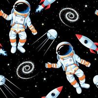 Seamless pattern with astronauts, rockets and galaxies vector