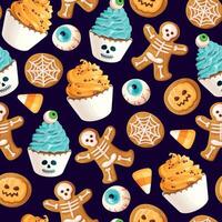 Seamless pattern with scary Halloween sweets on black background vector